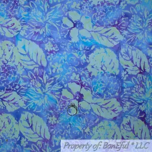 Cotton Fabric BTY Blue Aqua Water Flowers Leaf Hawaiian Batik