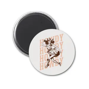 Cowgirl Magnet - Adorable 3-inch round fridge magnet featuring a retro cowgirl & pink "Howdy," a cute gift for any sassy friend! | Wild West Chic Collection