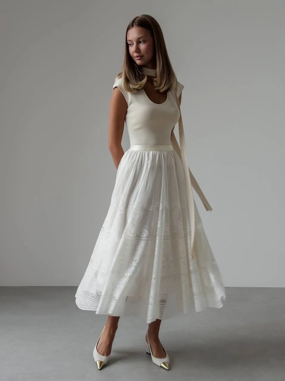 Cream Blouse with Neck Tie Detail