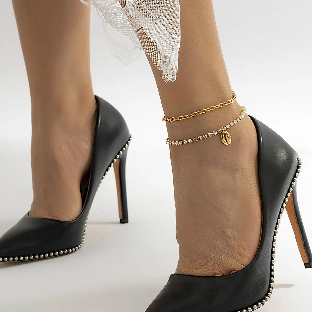 Cubic Zirconia & 18K Gold-Plated Chain Ankle & Shell Charm Anklet