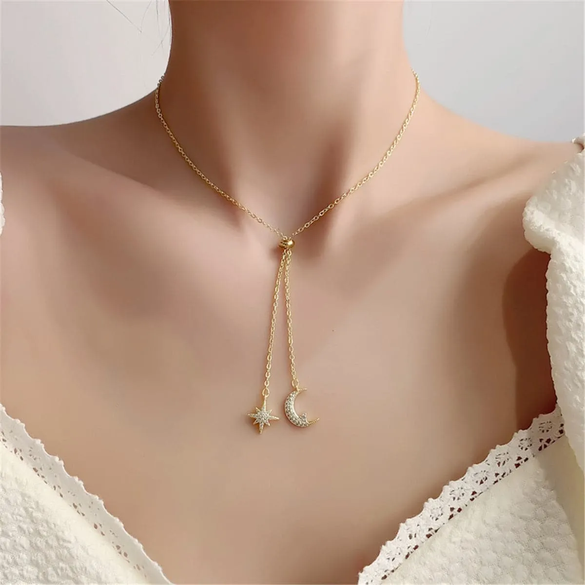 Cubic Zirconia & 18K Gold Plated Moon & Star Pendant Necklace