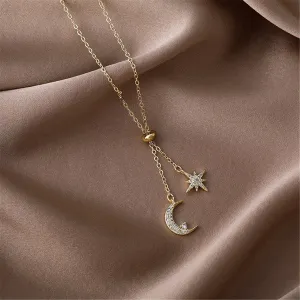 Cubic Zirconia & 18K Gold Plated Moon & Star Pendant Necklace