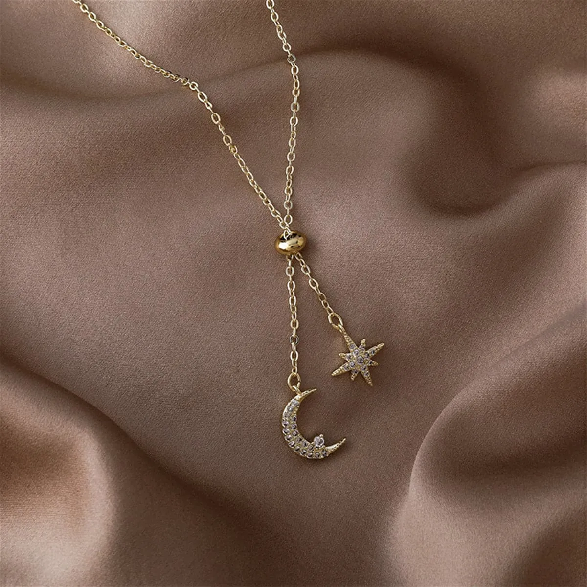 Cubic Zirconia & 18K Gold Plated Moon & Star Pendant Necklace