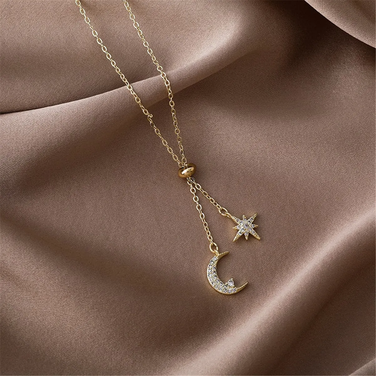 Cubic Zirconia & 18K Gold Plated Moon & Star Pendant Necklace
