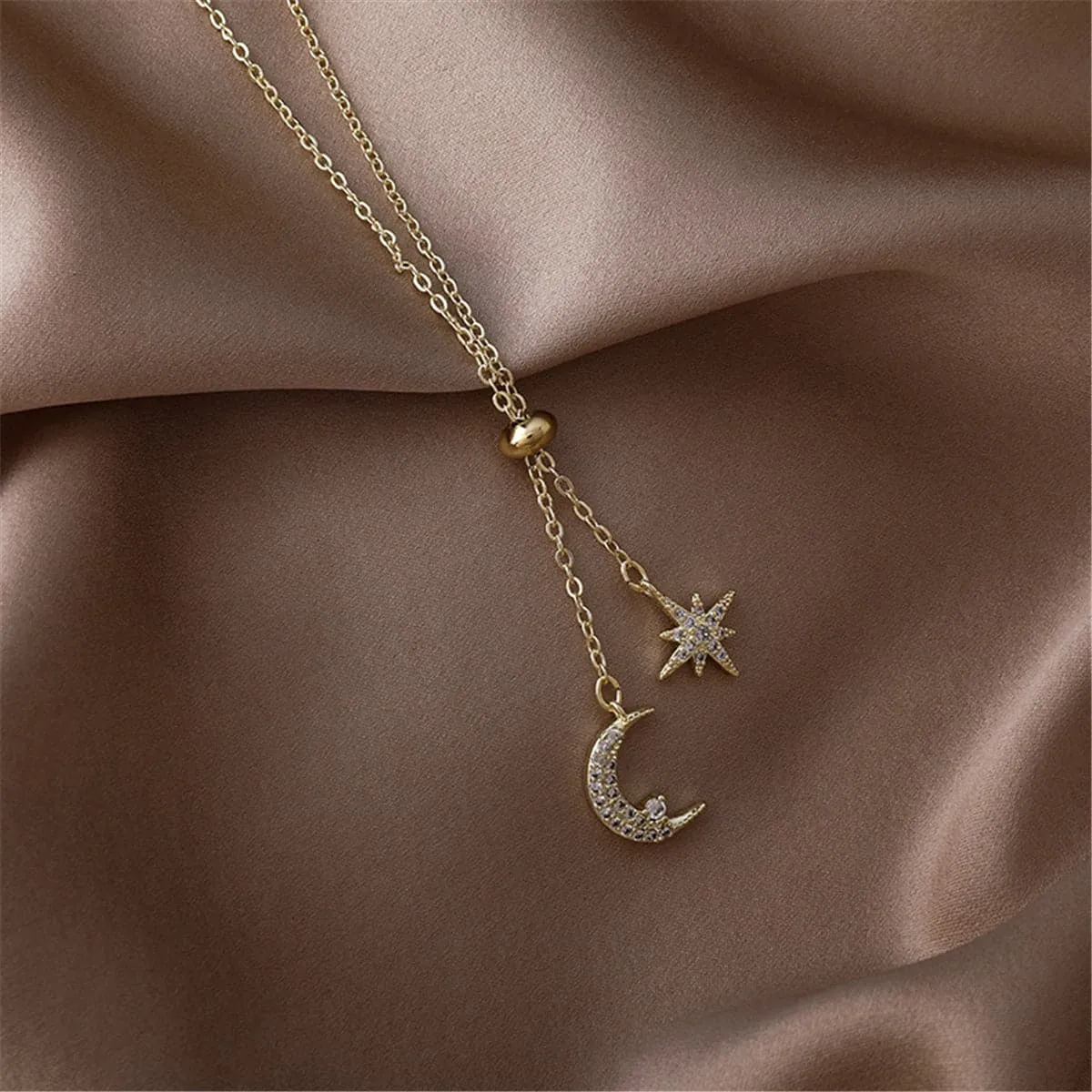 Cubic Zirconia & 18K Gold Plated Moon & Star Pendant Necklace