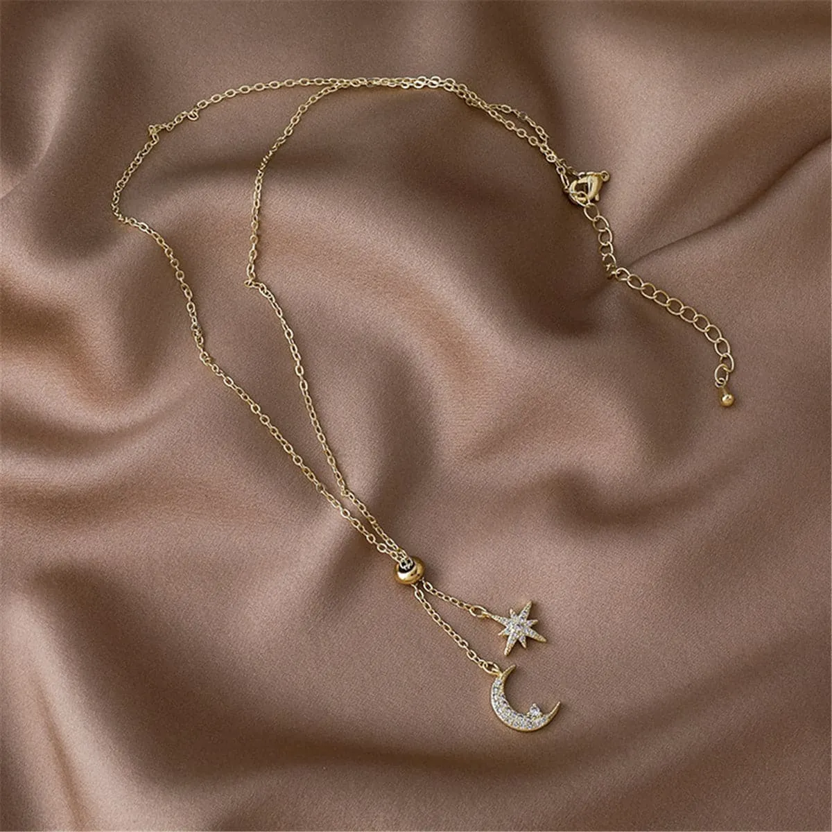 Cubic Zirconia & 18K Gold Plated Moon & Star Pendant Necklace