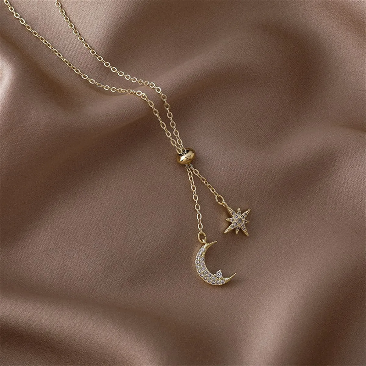 Cubic Zirconia & 18K Gold Plated Moon & Star Pendant Necklace