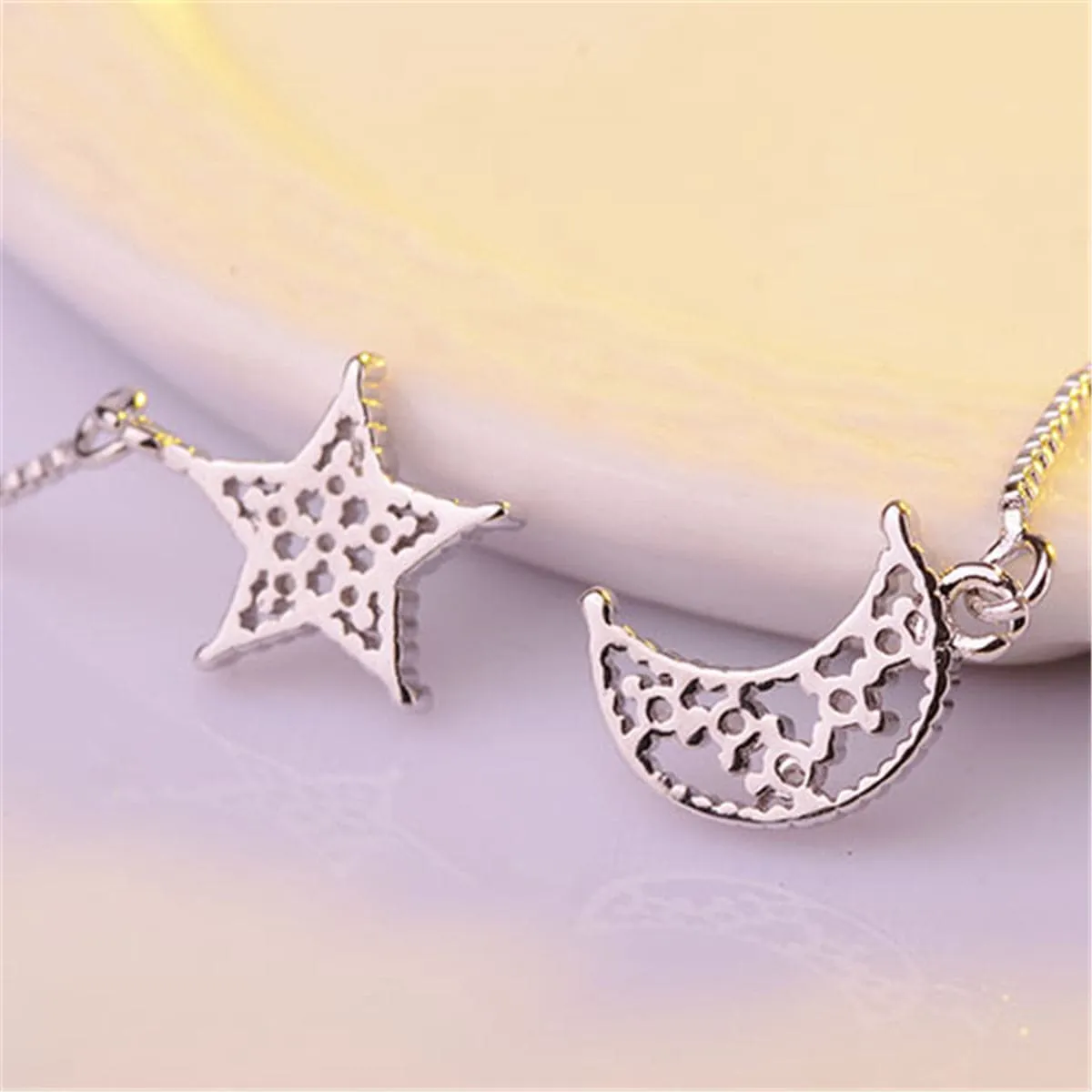 Cubic Zirconia & Silver-Plated Asymmetry Moon & Star Drop Earrings