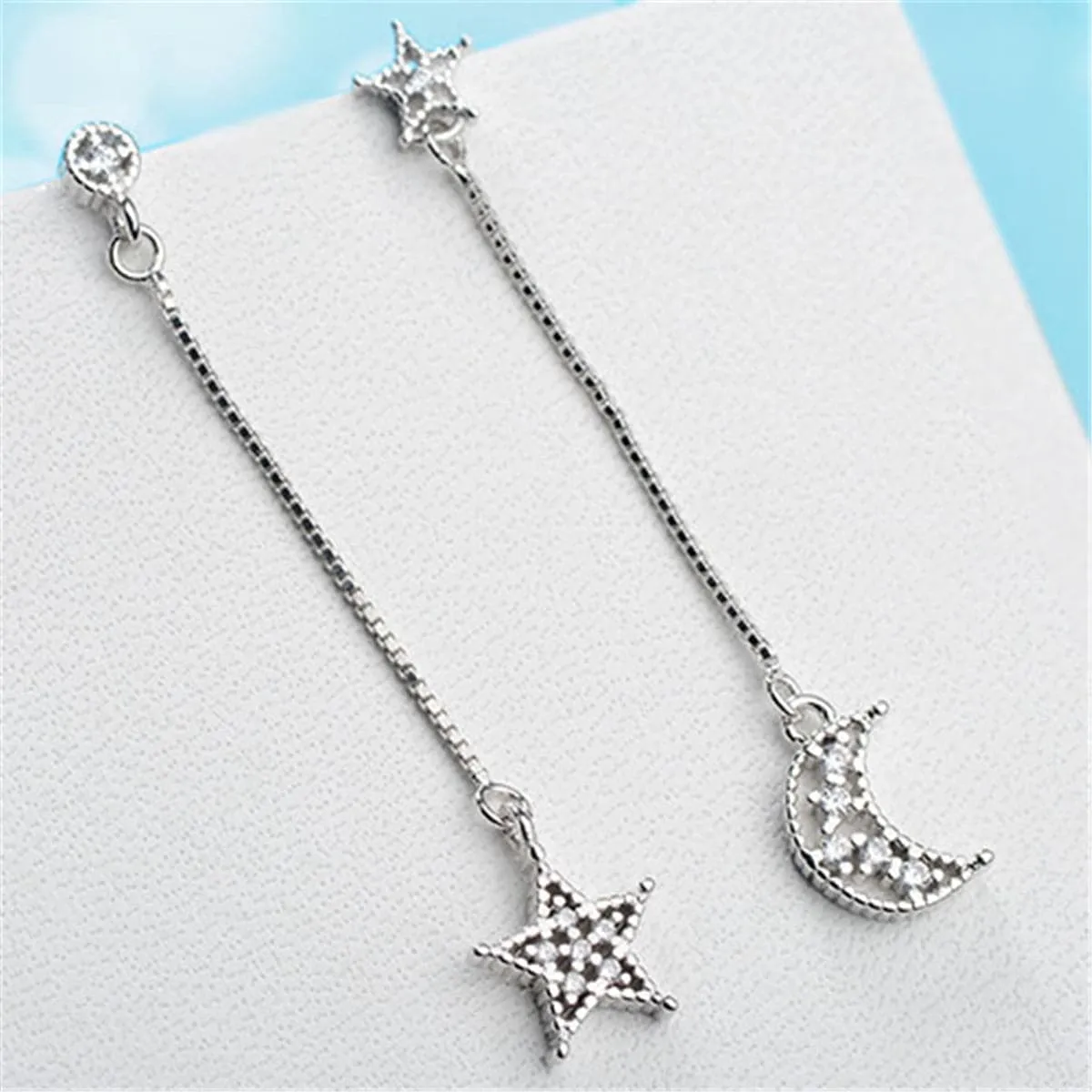 Cubic Zirconia & Silver-Plated Asymmetry Moon & Star Drop Earrings