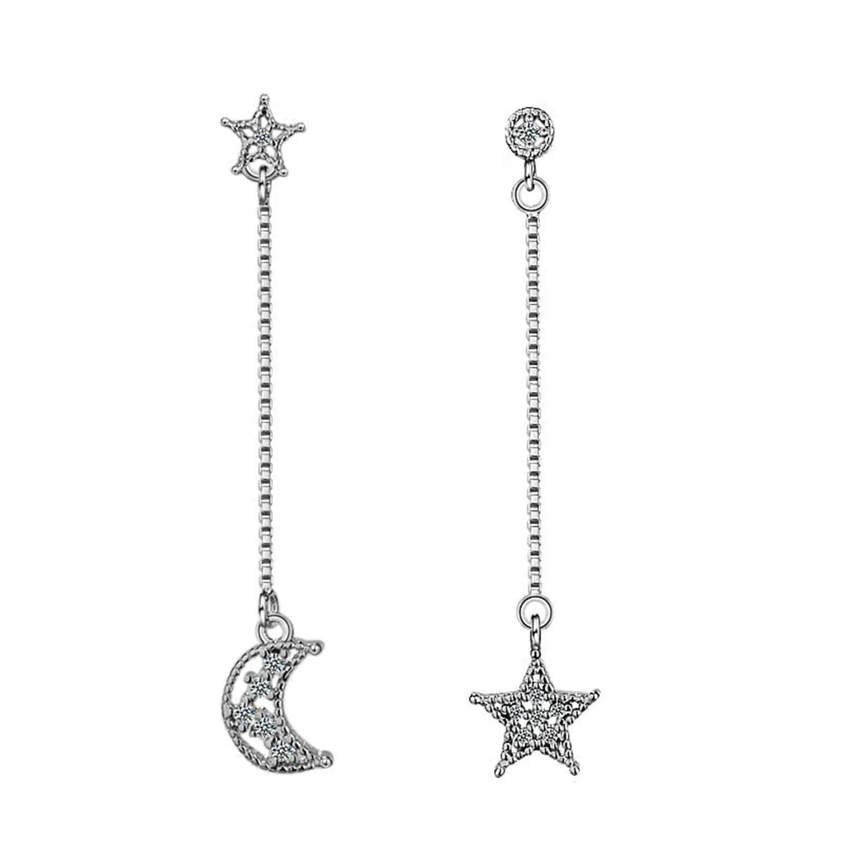 Cubic Zirconia & Silver-Plated Asymmetry Moon & Star Drop Earrings