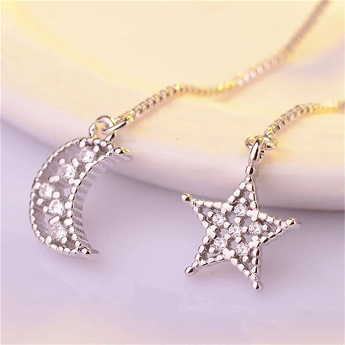 Cubic Zirconia & Silver-Plated Asymmetry Moon & Star Drop Earrings