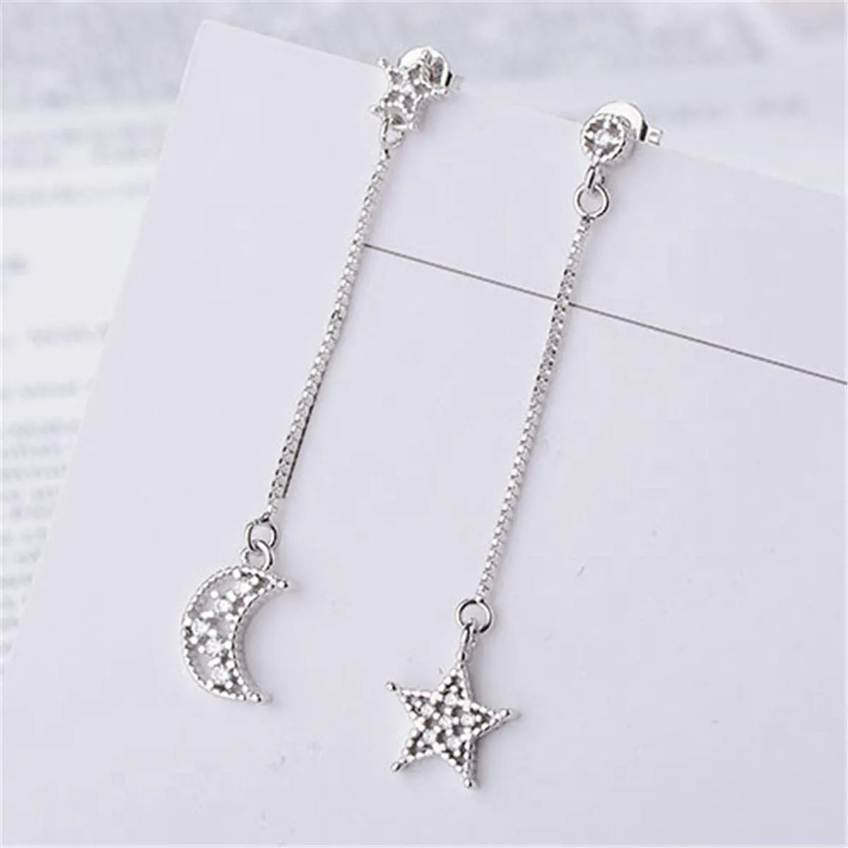 Cubic Zirconia & Silver-Plated Asymmetry Moon & Star Drop Earrings
