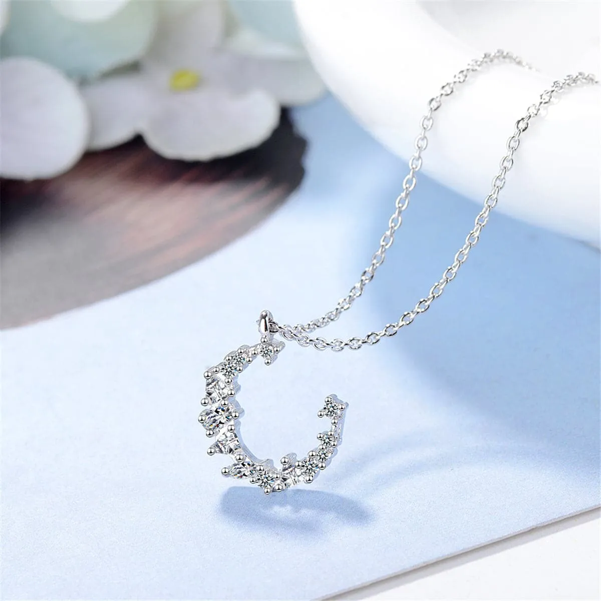 Cubic Zirconia & Silver-Plated Crescent Pendant Necklace