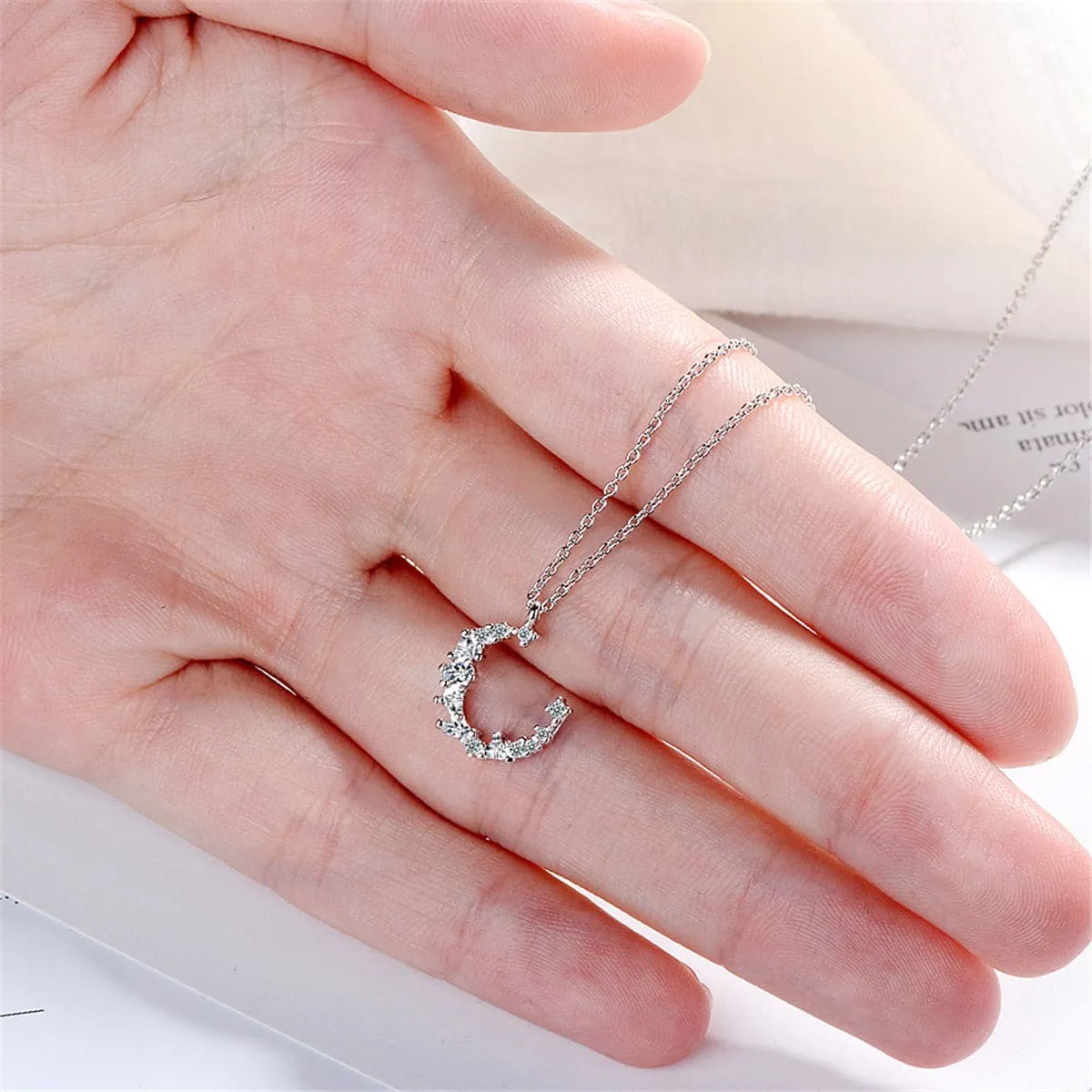Cubic Zirconia & Silver-Plated Crescent Pendant Necklace
