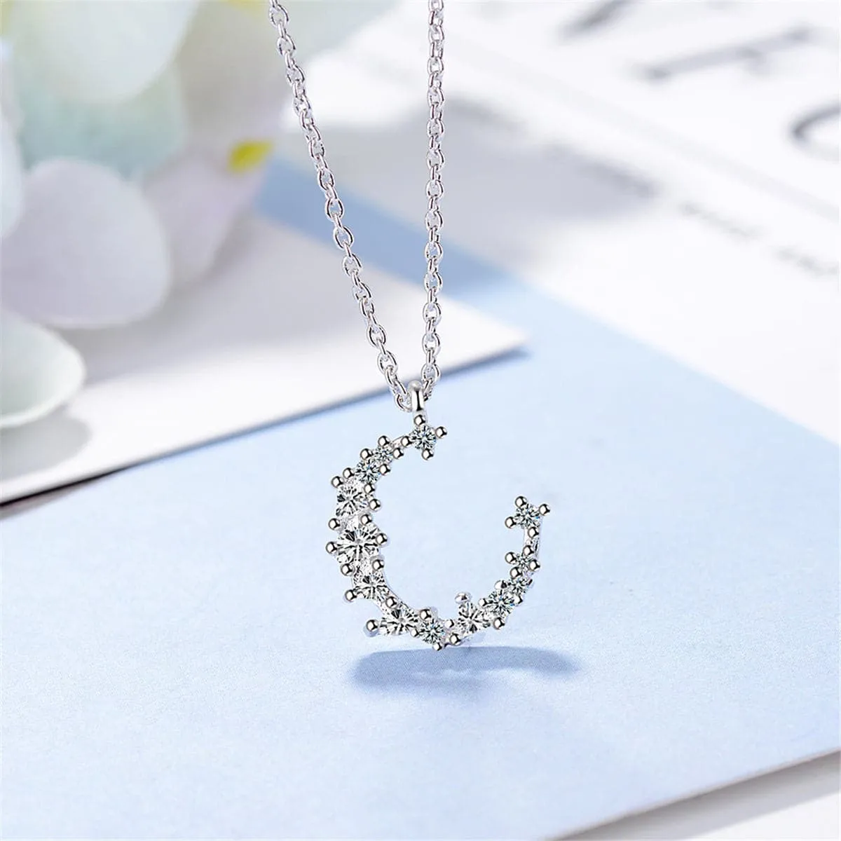 Cubic Zirconia & Silver-Plated Crescent Pendant Necklace
