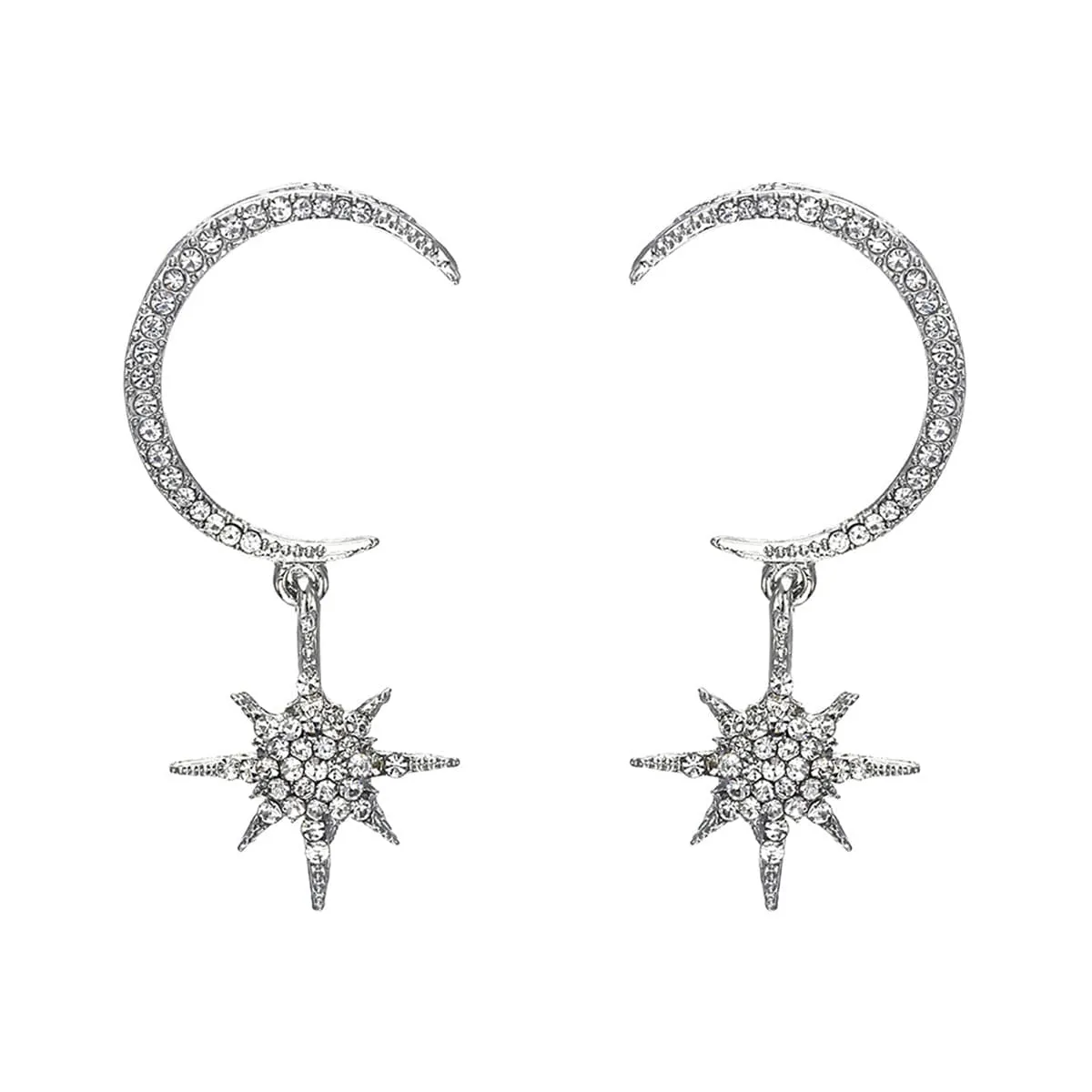 Cubic Zirconia & Silver-Plated Linking Moon & Star Drop Earrings