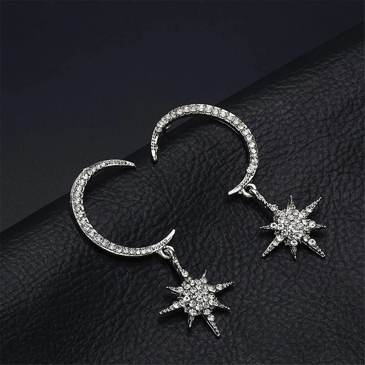 Cubic Zirconia & Silver-Plated Linking Moon & Star Drop Earrings
