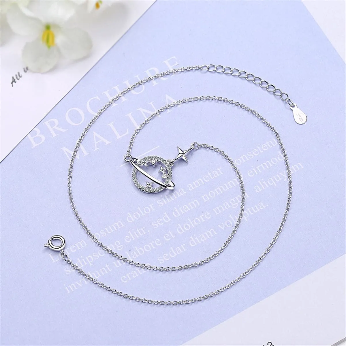 Cubic Zirconia & Silver-Plated Planet Pendant Necklace