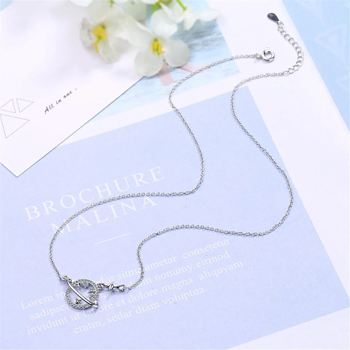 Cubic Zirconia & Silver-Plated Planet Pendant Necklace