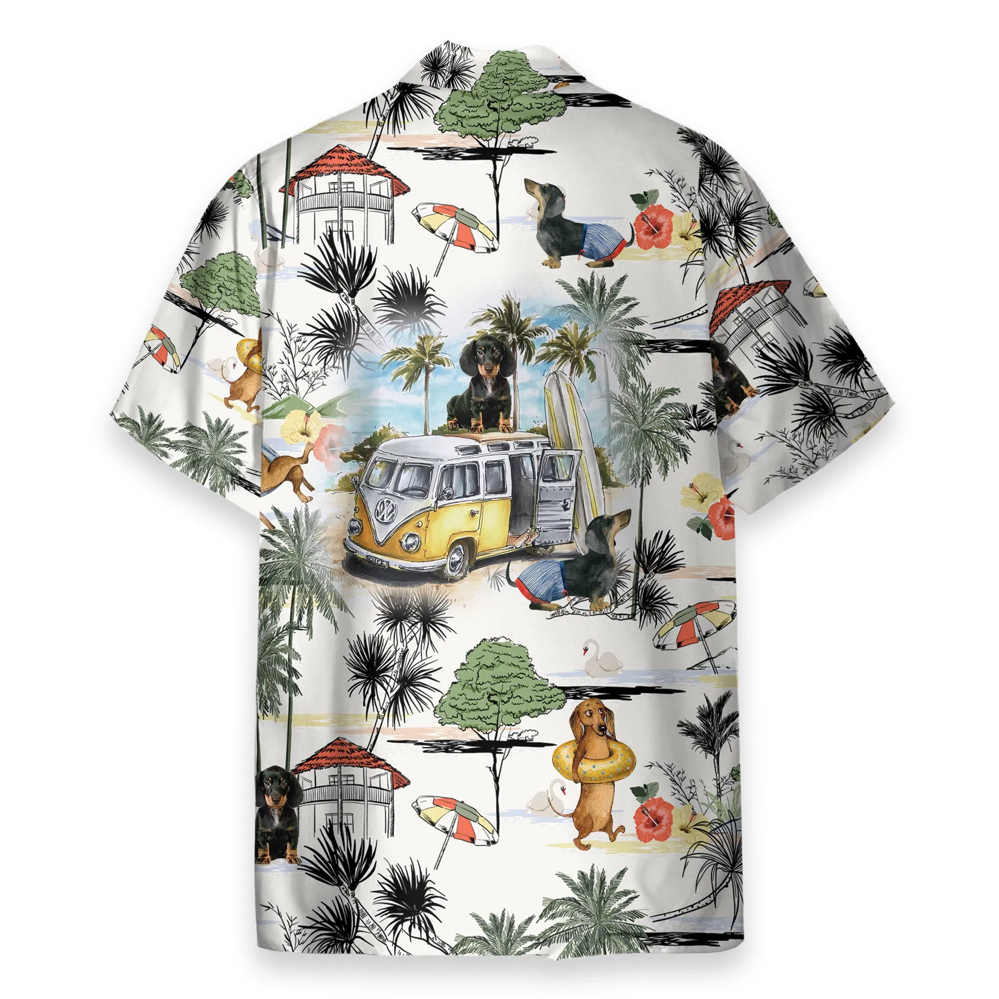 Dachshund And Hippie Campervan On The Beach Retro - Hawaiian Shirt