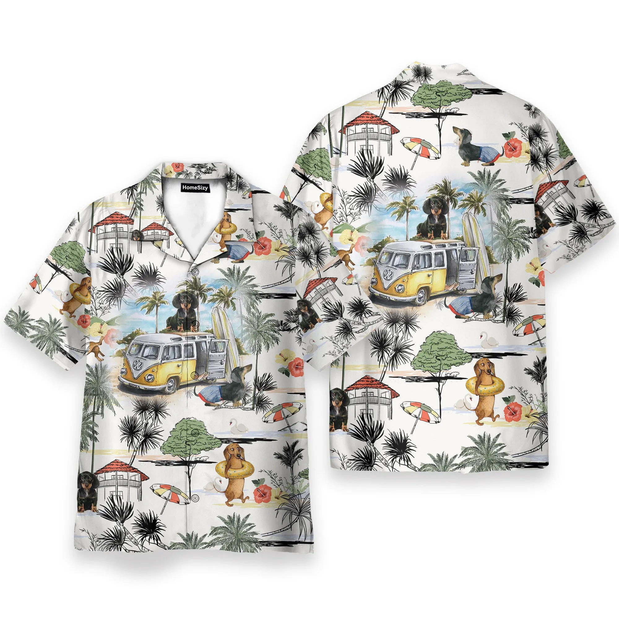 Dachshund And Hippie Campervan On The Beach Retro - Hawaiian Shirt