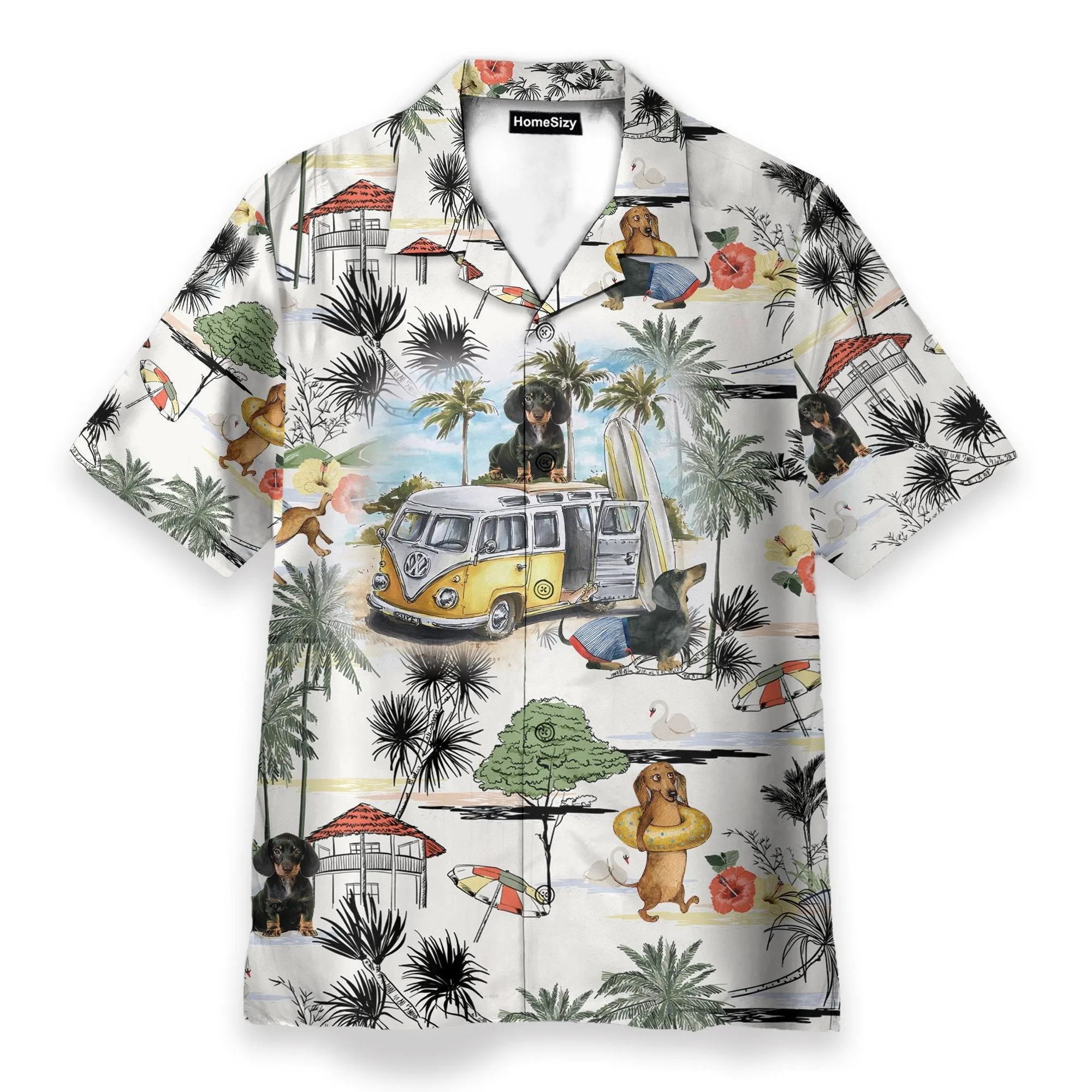 Dachshund And Hippie Campervan On The Beach Retro - Hawaiian Shirt