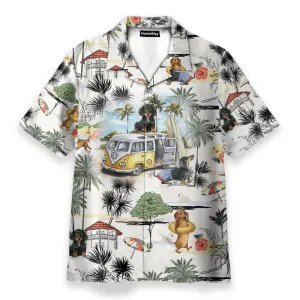Dachshund And Hippie Campervan On The Beach Retro - Hawaiian Shirt