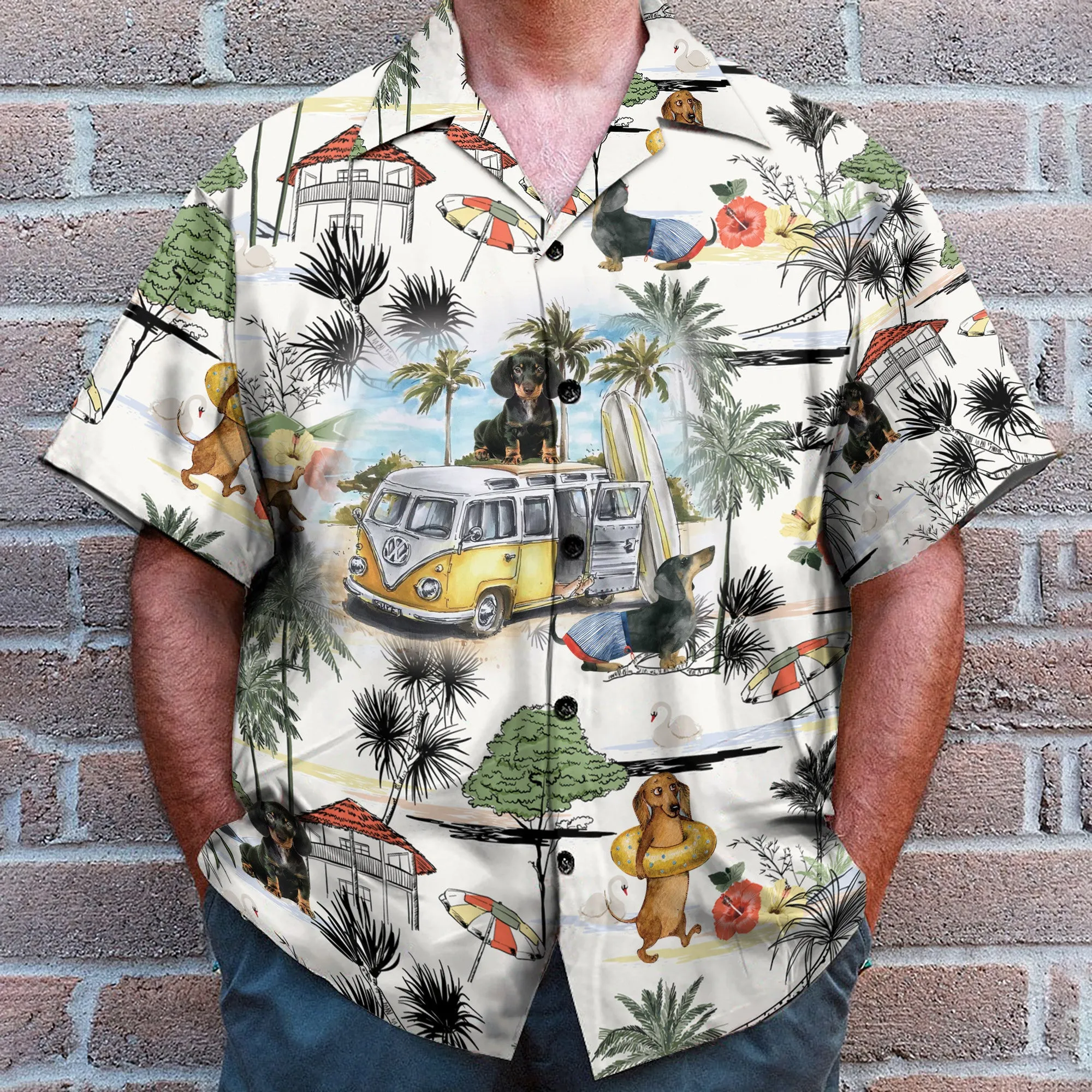 Dachshund And Hippie Campervan On The Beach Retro - Hawaiian Shirt