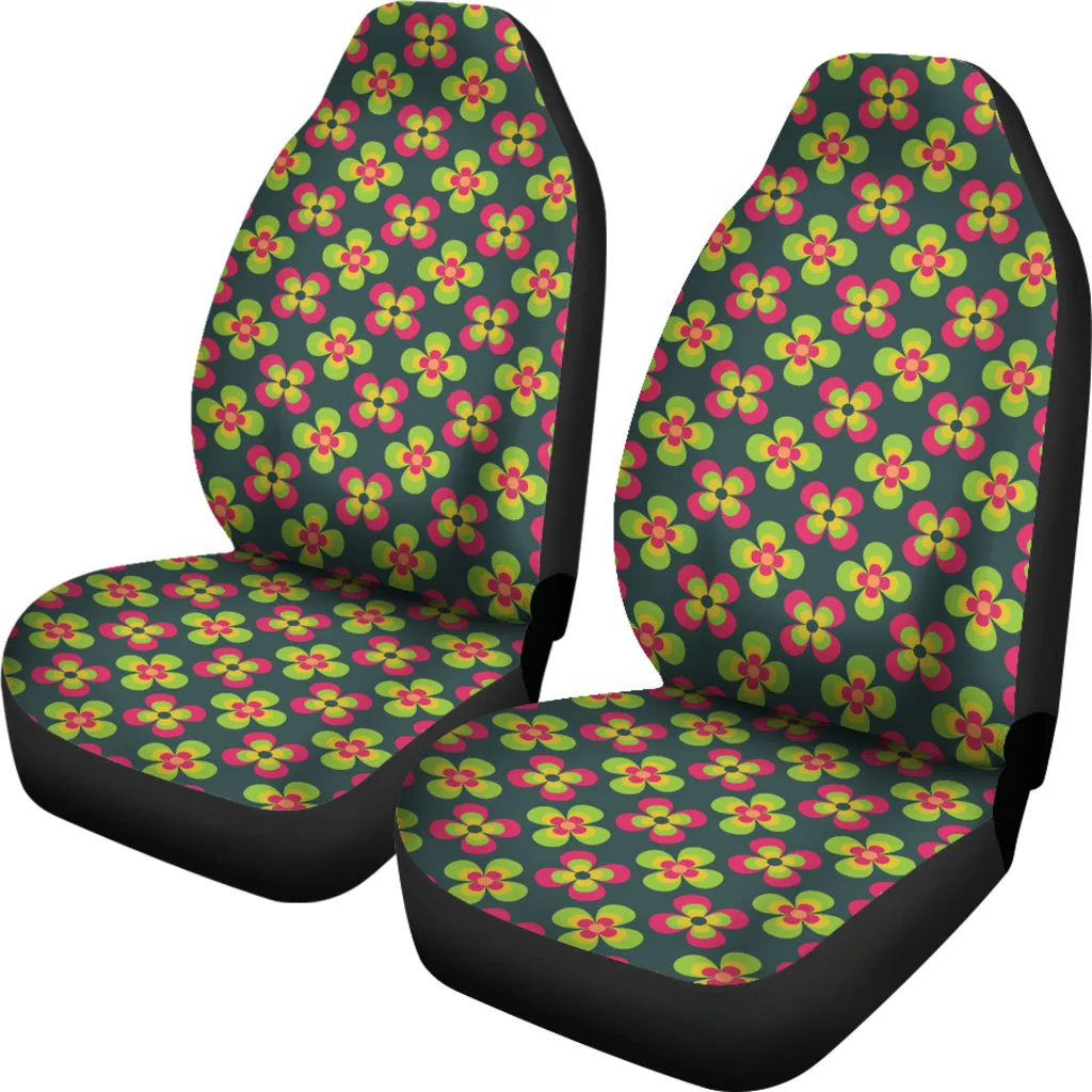 Dark Green With Colorful Retro Flowers Car Seat Covers