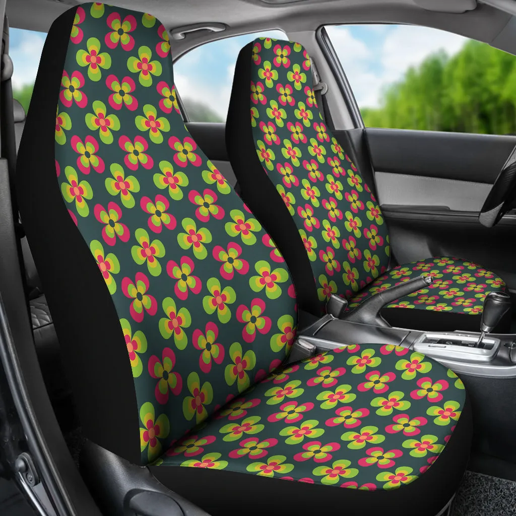 Dark Green With Colorful Retro Flowers Car Seat Covers