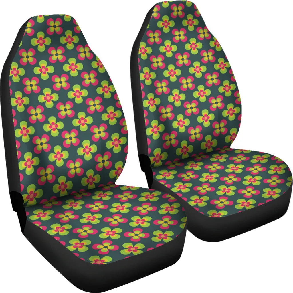 Dark Green With Colorful Retro Flowers Car Seat Covers
