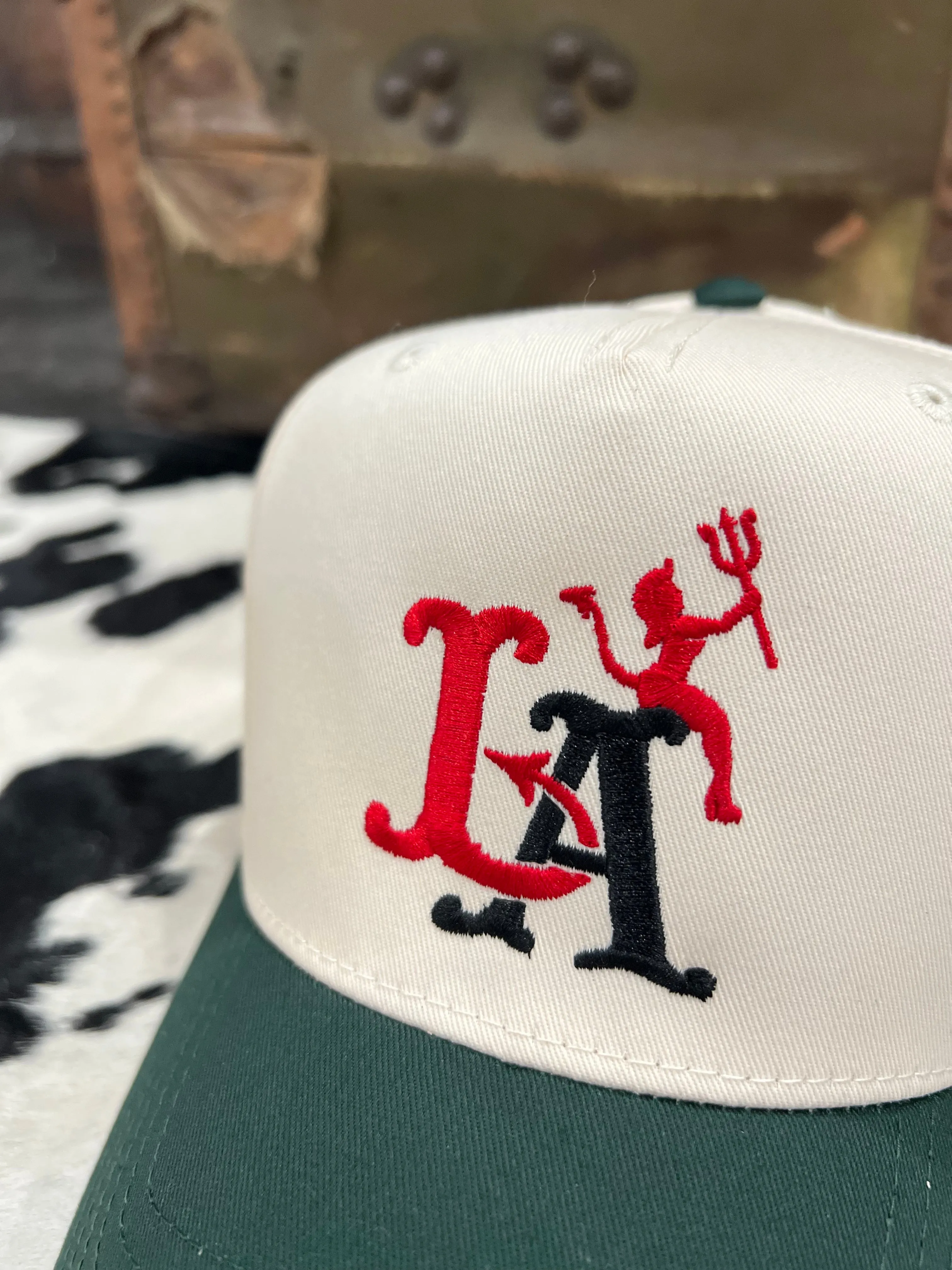 Devilish 5 Panel Snap Back Cap in Natural/Green