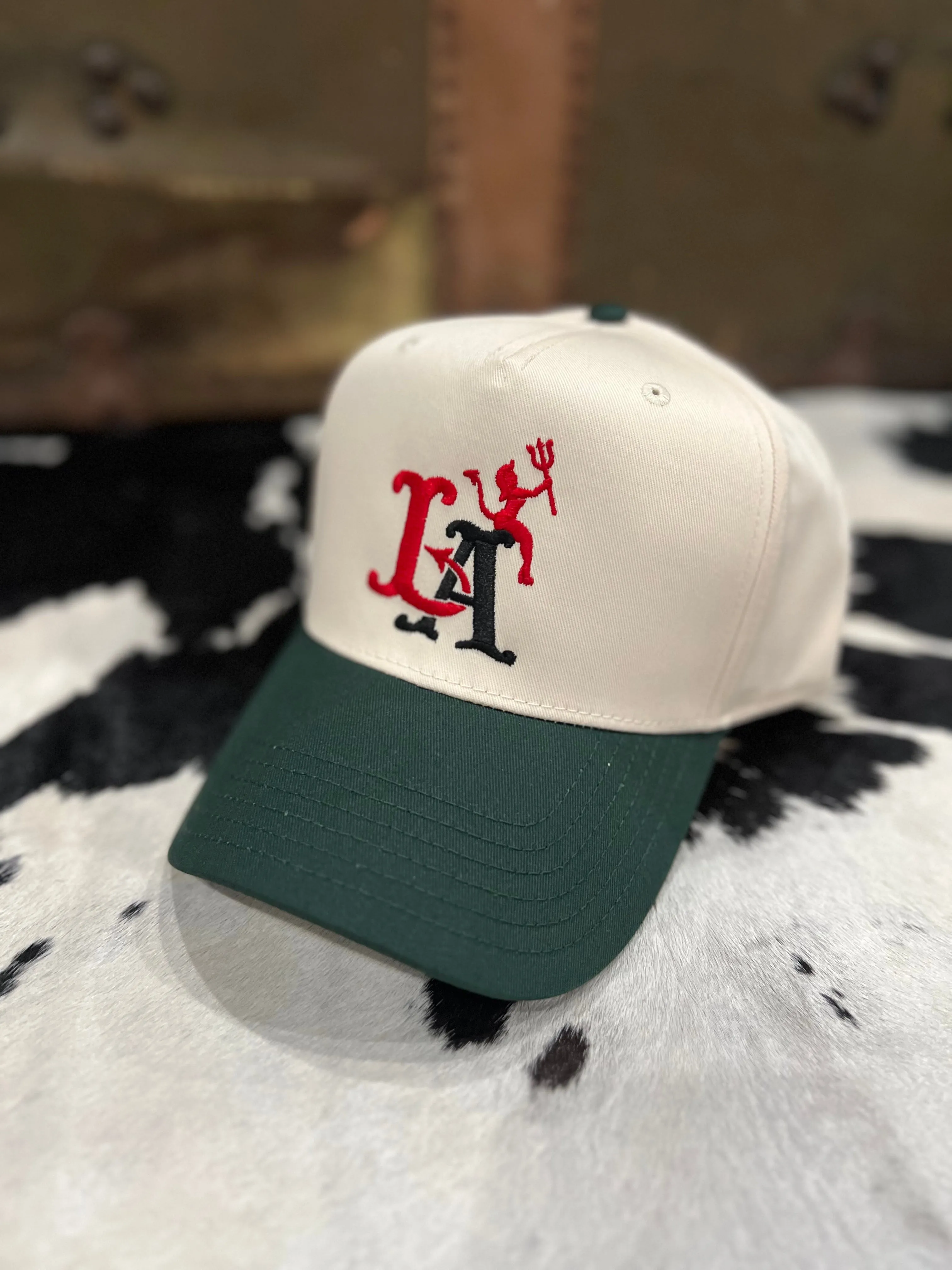 Devilish 5 Panel Snap Back Cap in Natural/Green