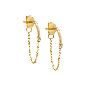 Diamond Bezel Curved Bar Front Back Chain Stud Earring 14K