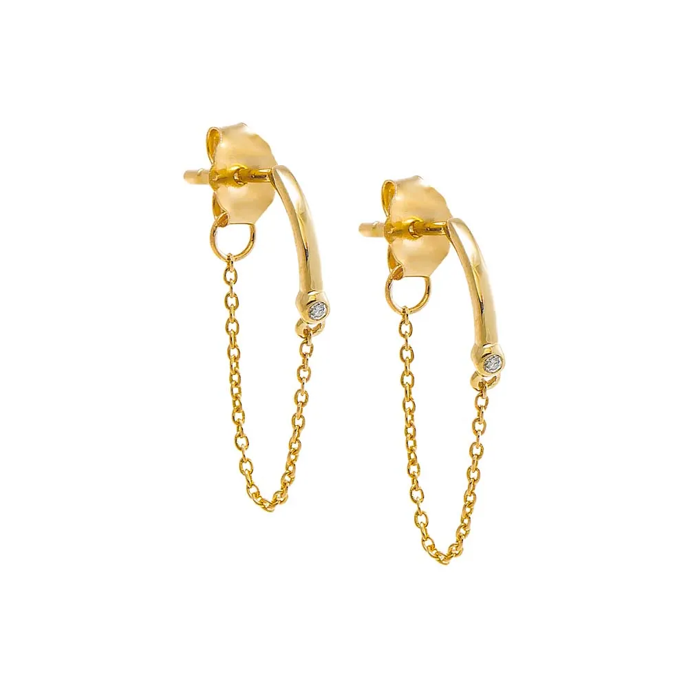 Diamond Bezel Curved Bar Front Back Chain Stud Earring 14K