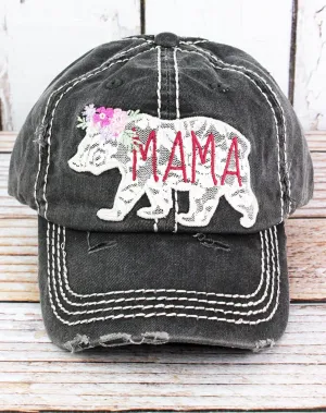 Distressed Baseball Cap Mama Bear with Lace