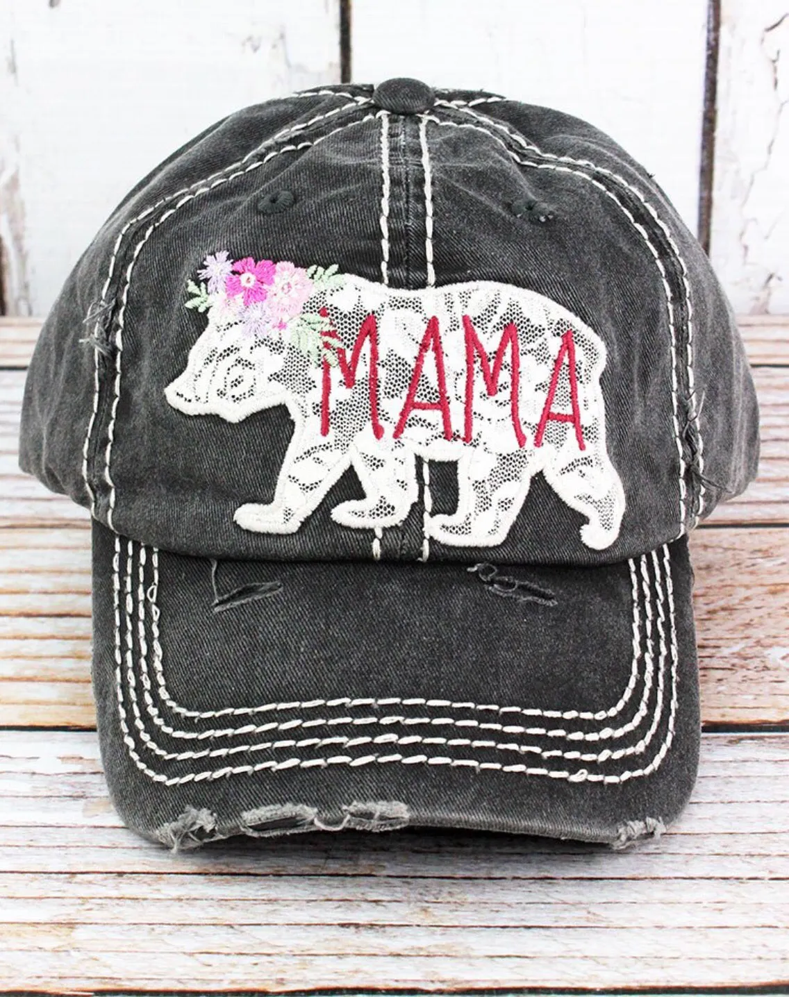 Distressed Baseball Cap Mama Bear with Lace