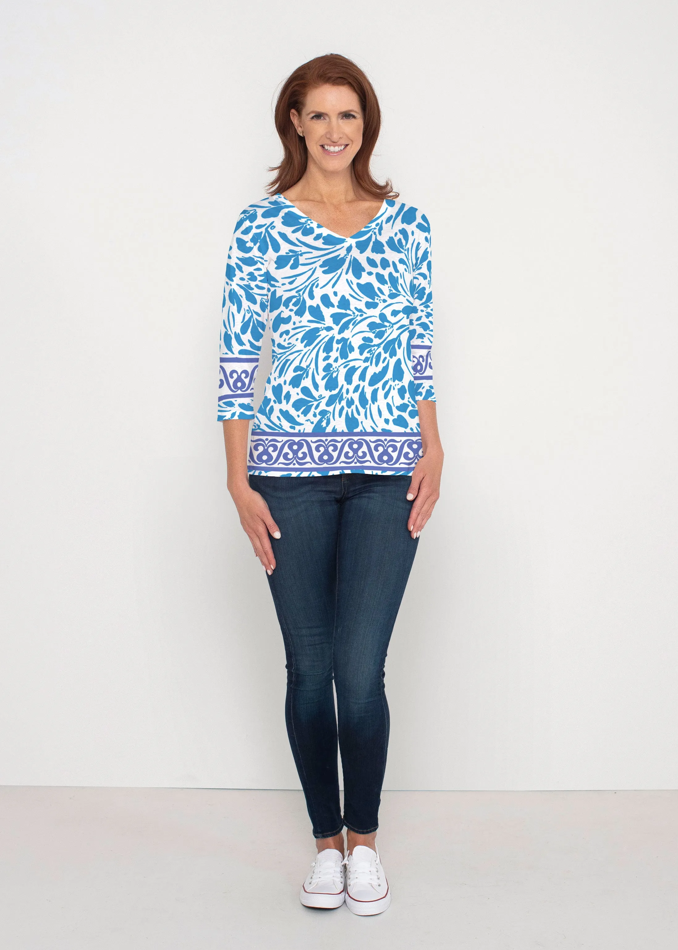 Ditsy Royal (7930) ~ Signature 3/4 Sleeve V-Neck Top