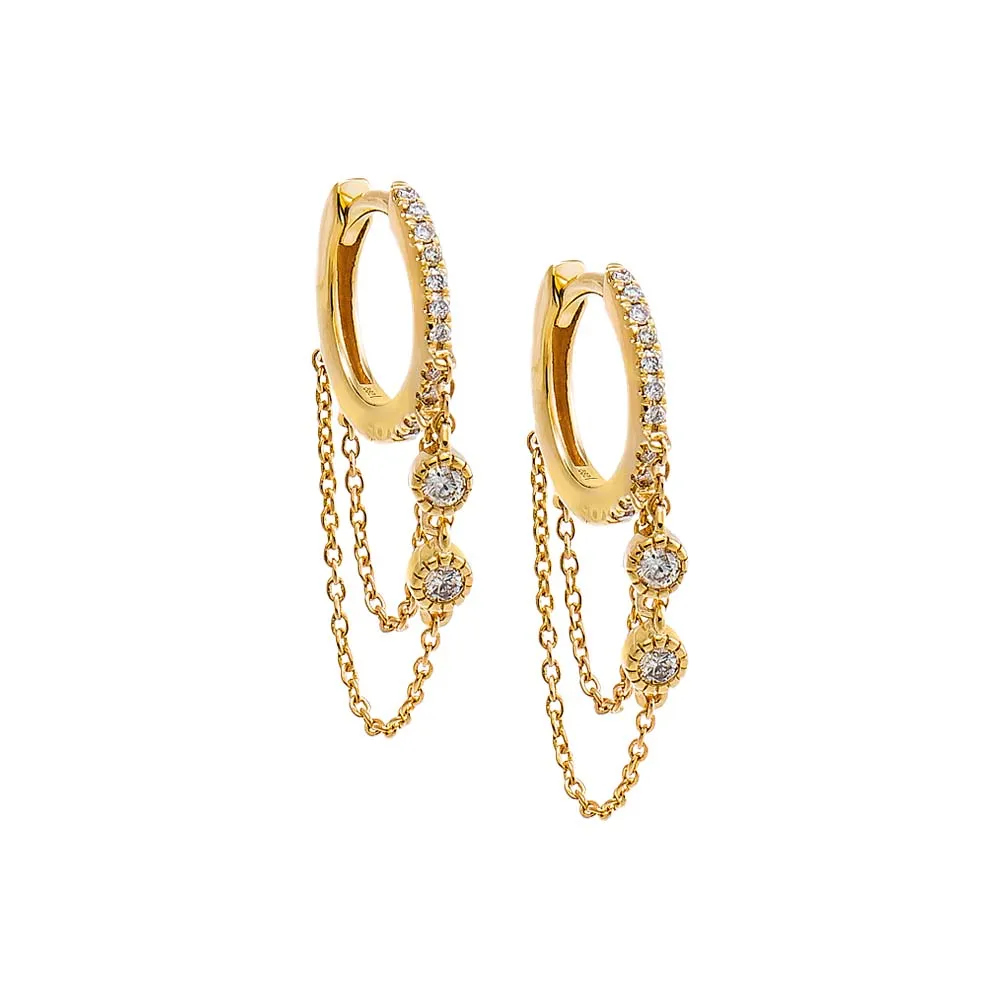 Double Diamond Solitaire Dangling Chain Huggie Earring 14K