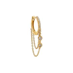 Double Diamond Solitaire Dangling Chain Huggie Earring 14K