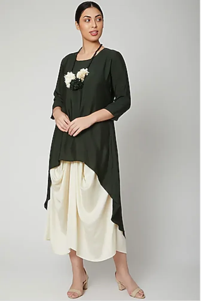 Dream- Bottle Green & off white Indo Western Cowl Dress