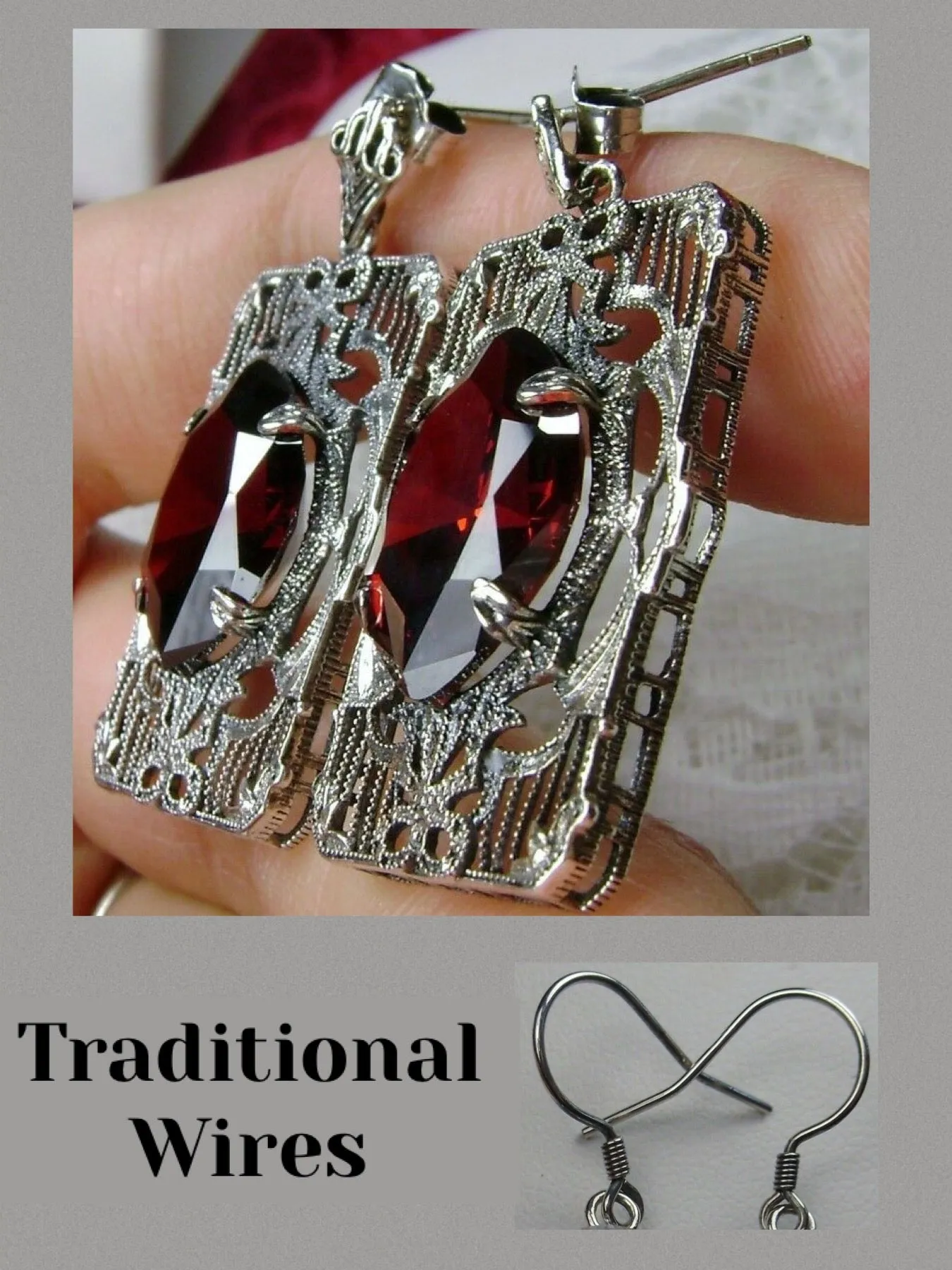 E24, Antoinette Earrings, Marquise Cut Gem, Vintage Filigree Jewelry, E24