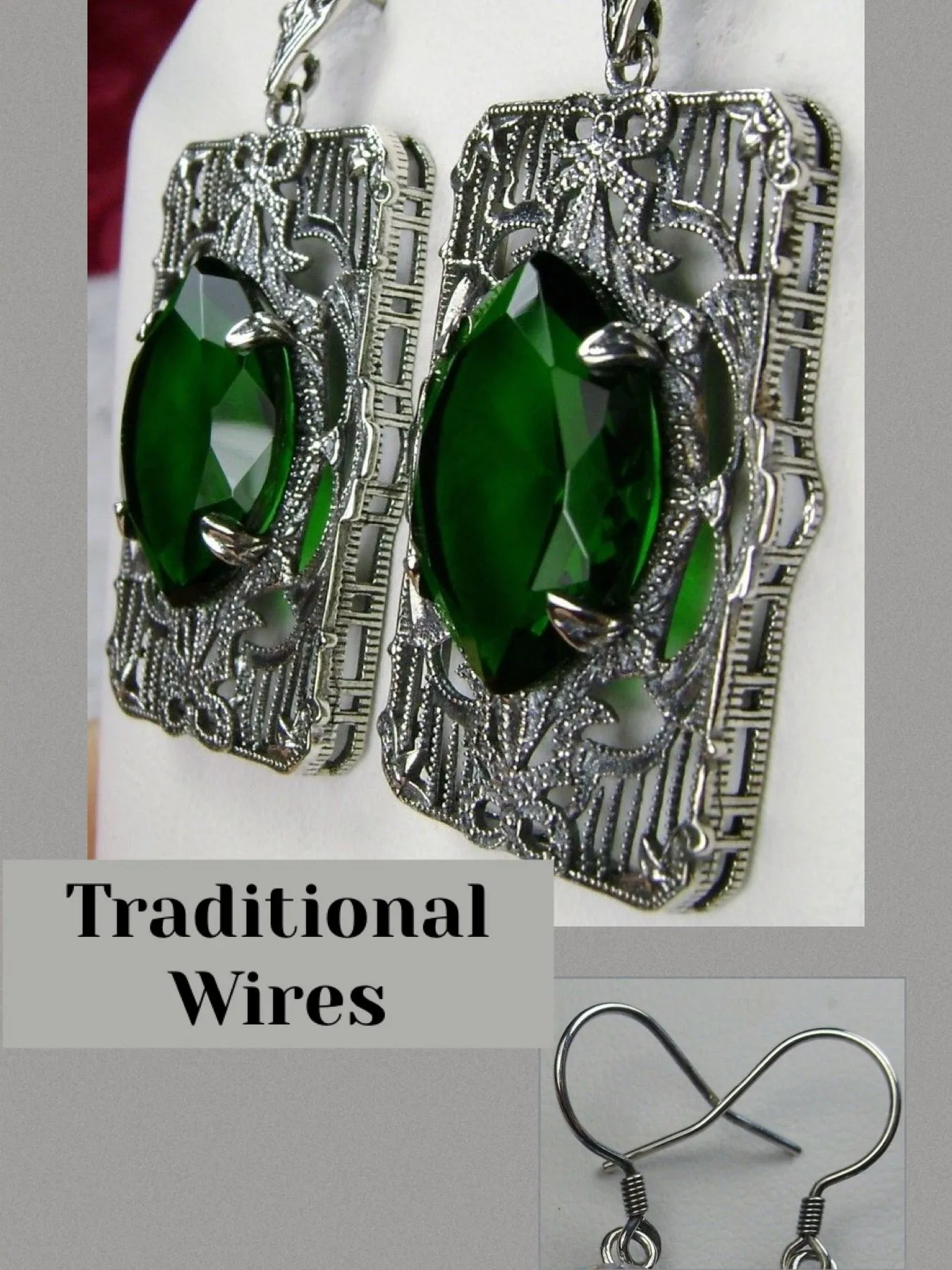 E24, Antoinette Earrings, Marquise Cut Gem, Vintage Filigree Jewelry, E24