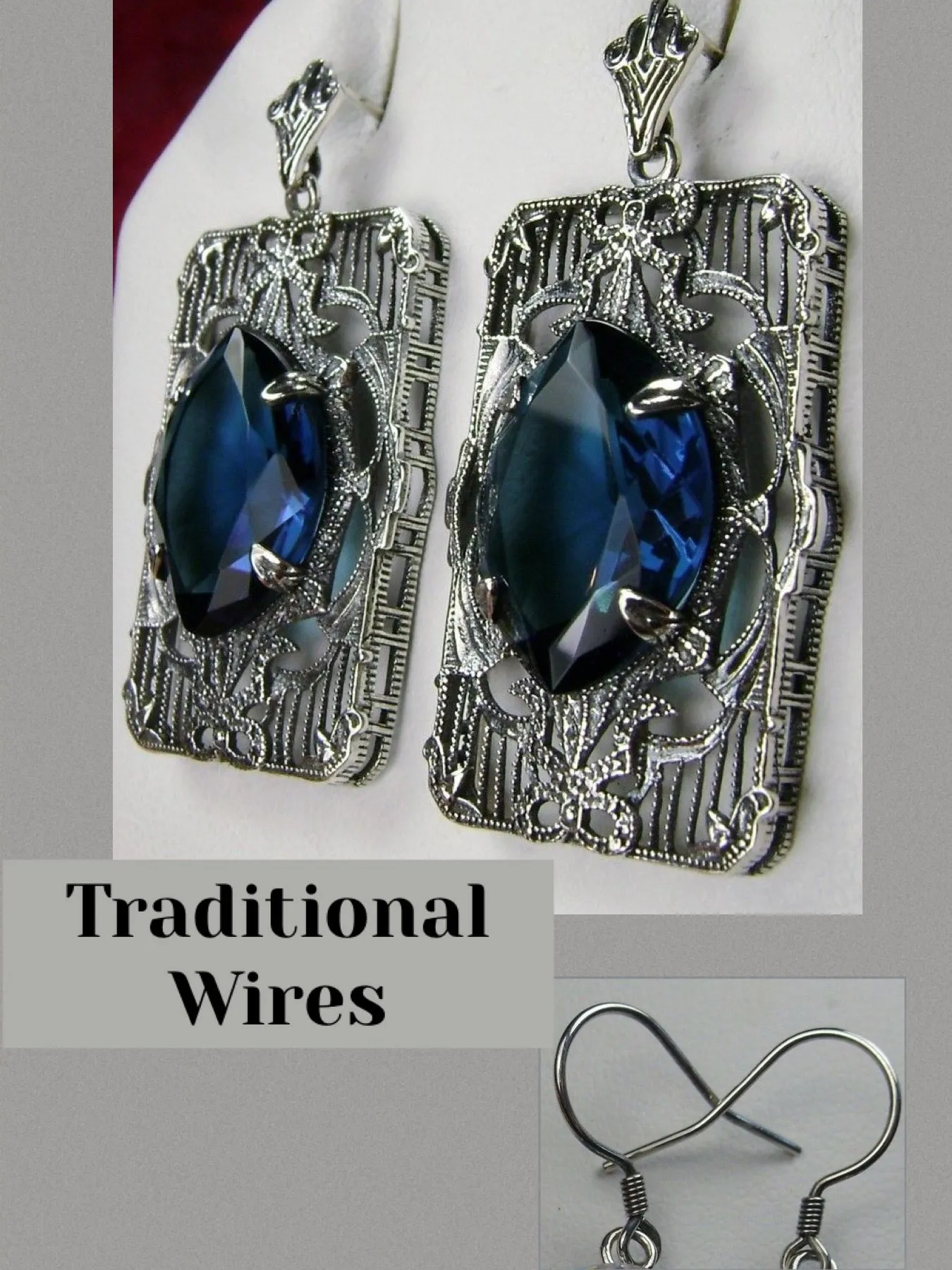 E24, Antoinette Earrings, Marquise Cut Gem, Vintage Filigree Jewelry, E24