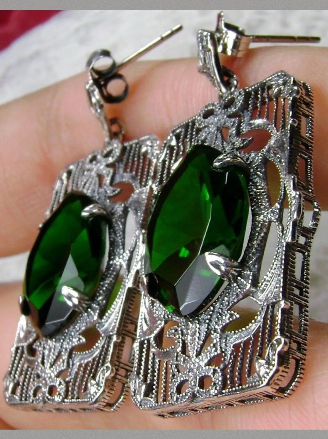 E24, Antoinette Earrings, Marquise Cut Gem, Vintage Filigree Jewelry, E24