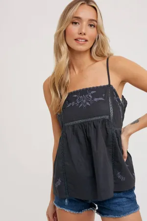 EMBROIDERED BABY DOLL CAMI TOP