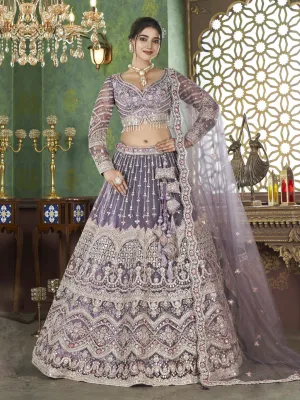 Embroidered Net Lehenga with  Net Dupatta in Regal Purple