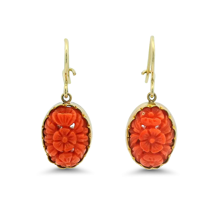 Estate 14k Yellow Gold Carved Coral Dangle Earrings