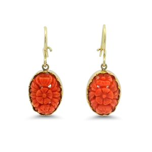 Estate 14k Yellow Gold Carved Coral Dangle Earrings