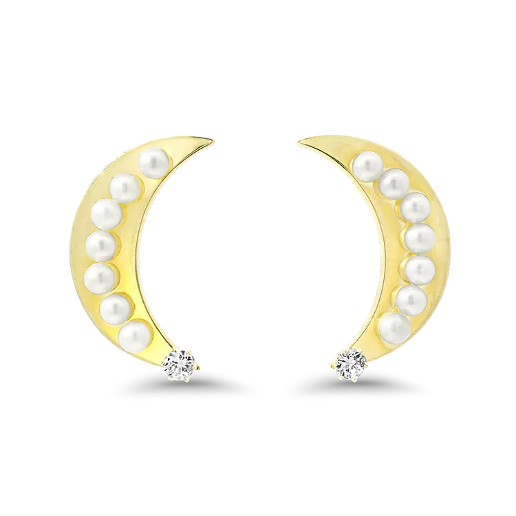 Estate 18k Yellow Gold Cresent Moon Pearl and Diamond Earrings